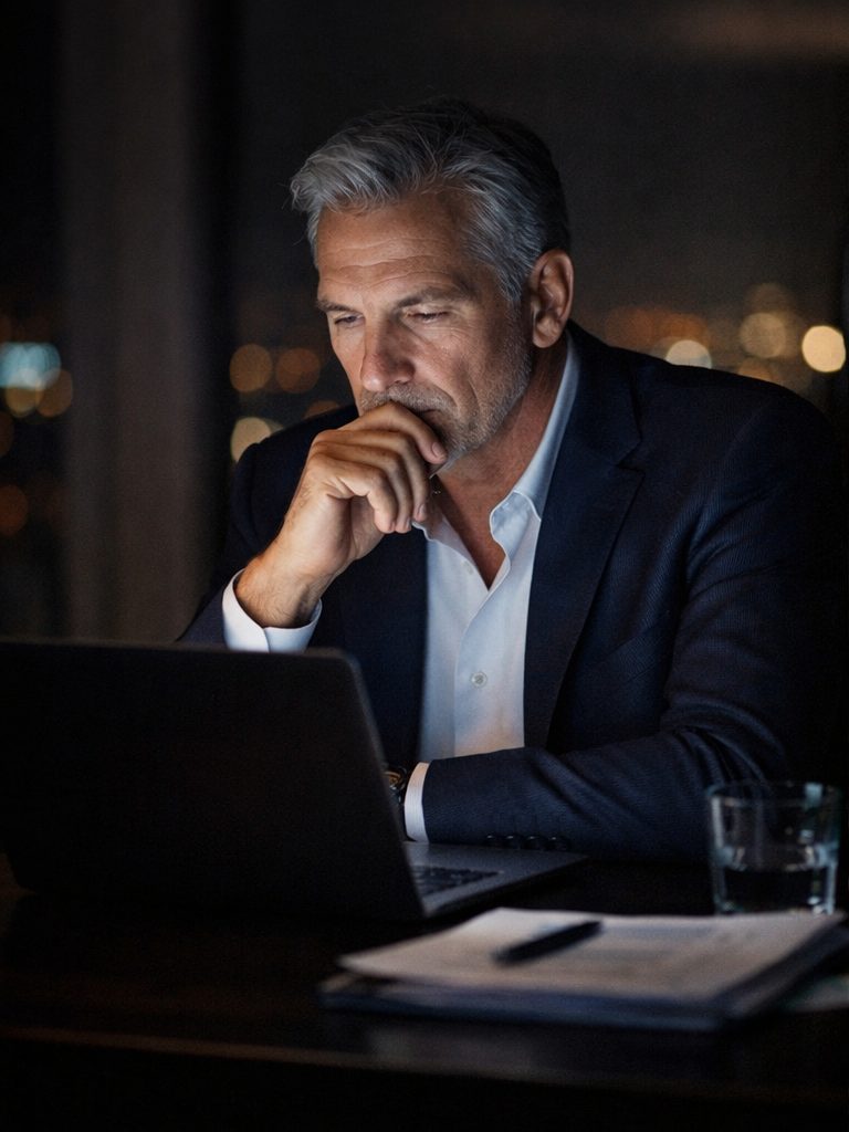 A business owner reviewing financial statements on a laptop late in the evening